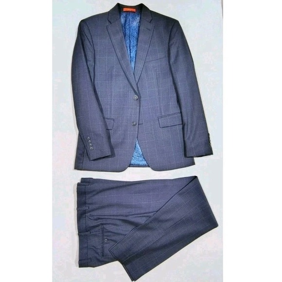 TALLIA Other - Tallia 2 Piece Suit Mens 40R Wool 36x32 Blue Windowpane Plaid Flat Front